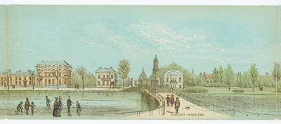 135012 Gezicht over de Willemsbrug op de Rijnkade te Utrecht, het hek met de douanekantoortjes aan weerszijden van de ...